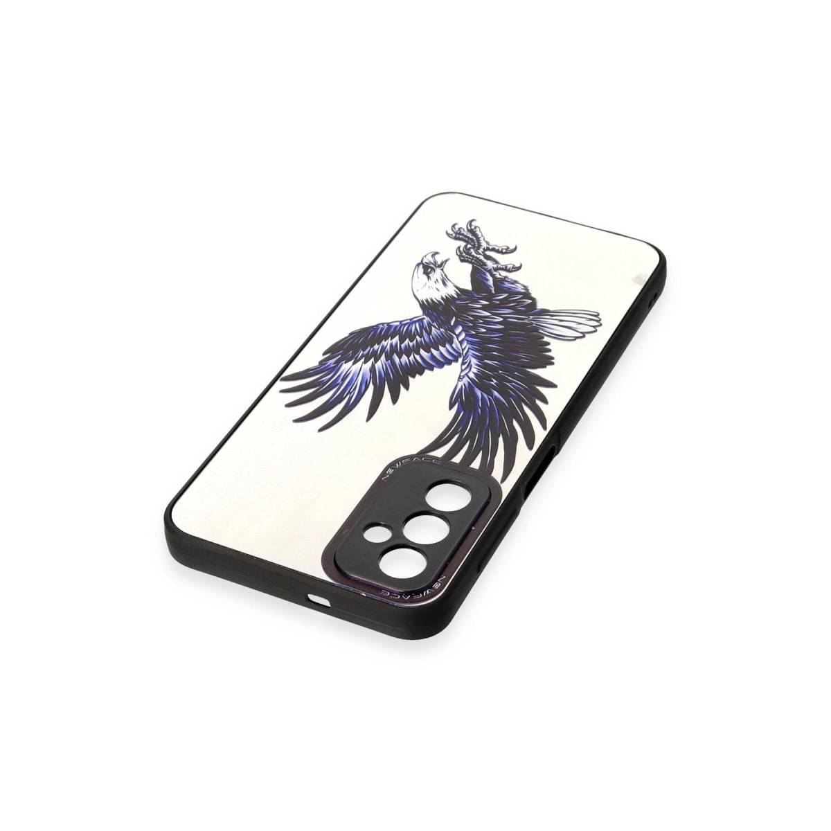 Kartal tasarımlı telefon kılıfı. Siyah kenar, mavi kartallı beyaz arka yüz.