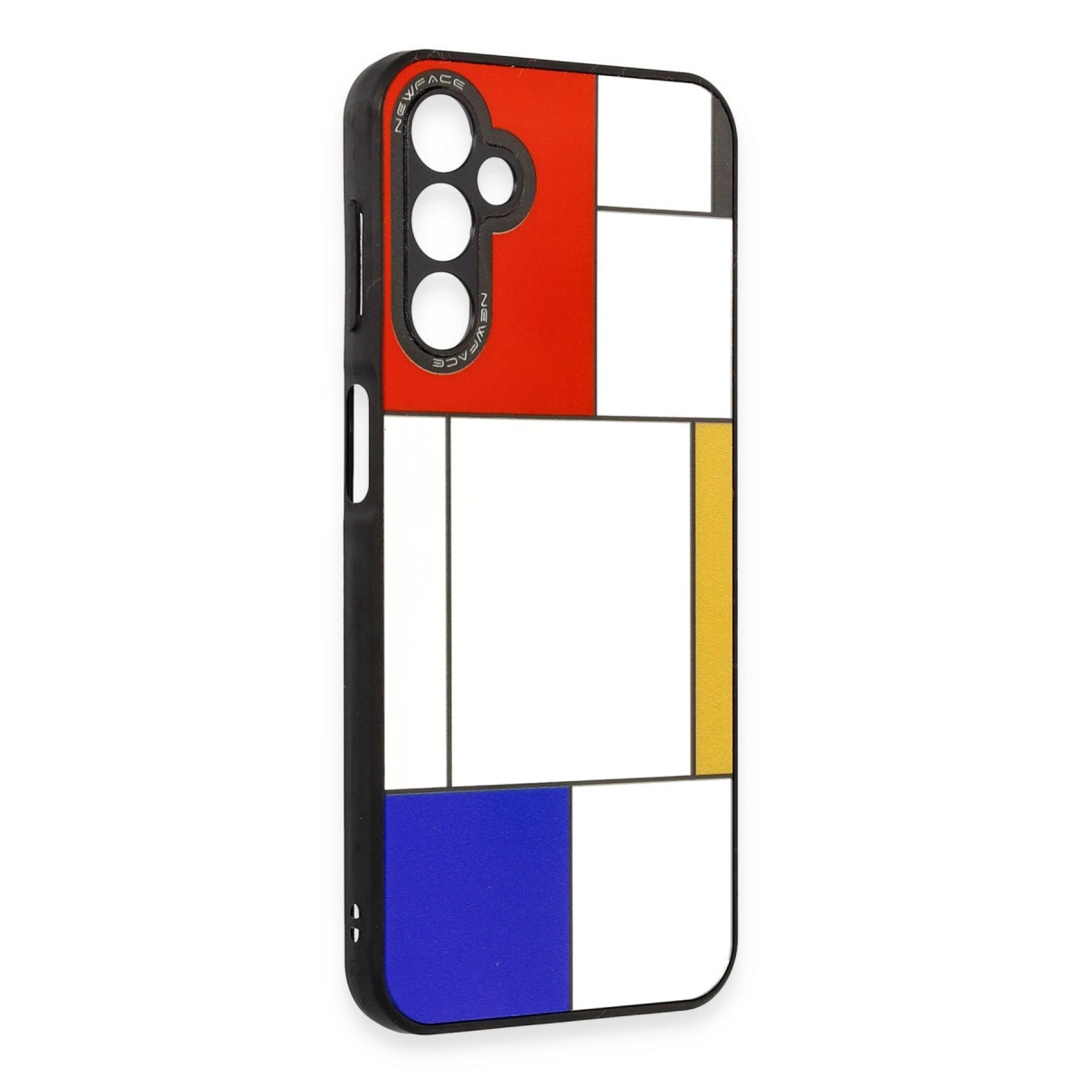 Mondrian esintili tasarıma sahip siyah telefon kılıfı: kırmızı, sarı, mavi ve beyaz bloklar.