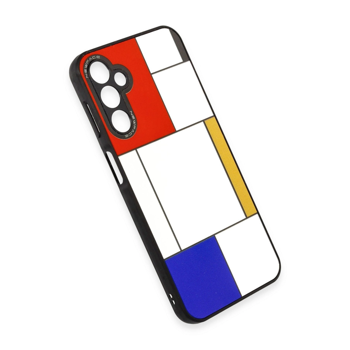 Kırmızı, mavi, sarı ve beyaz geometrik desenli telefon kılıfı.