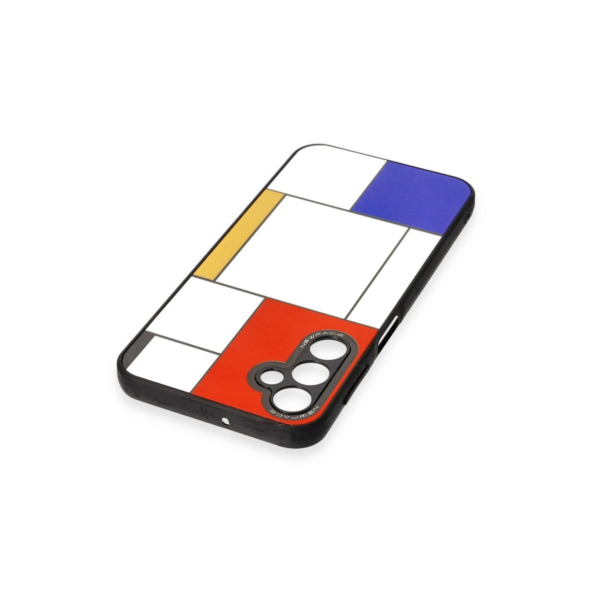 Kırmızı, mavi, sarı ve beyaz geometrik desenli telefon kılıfı.