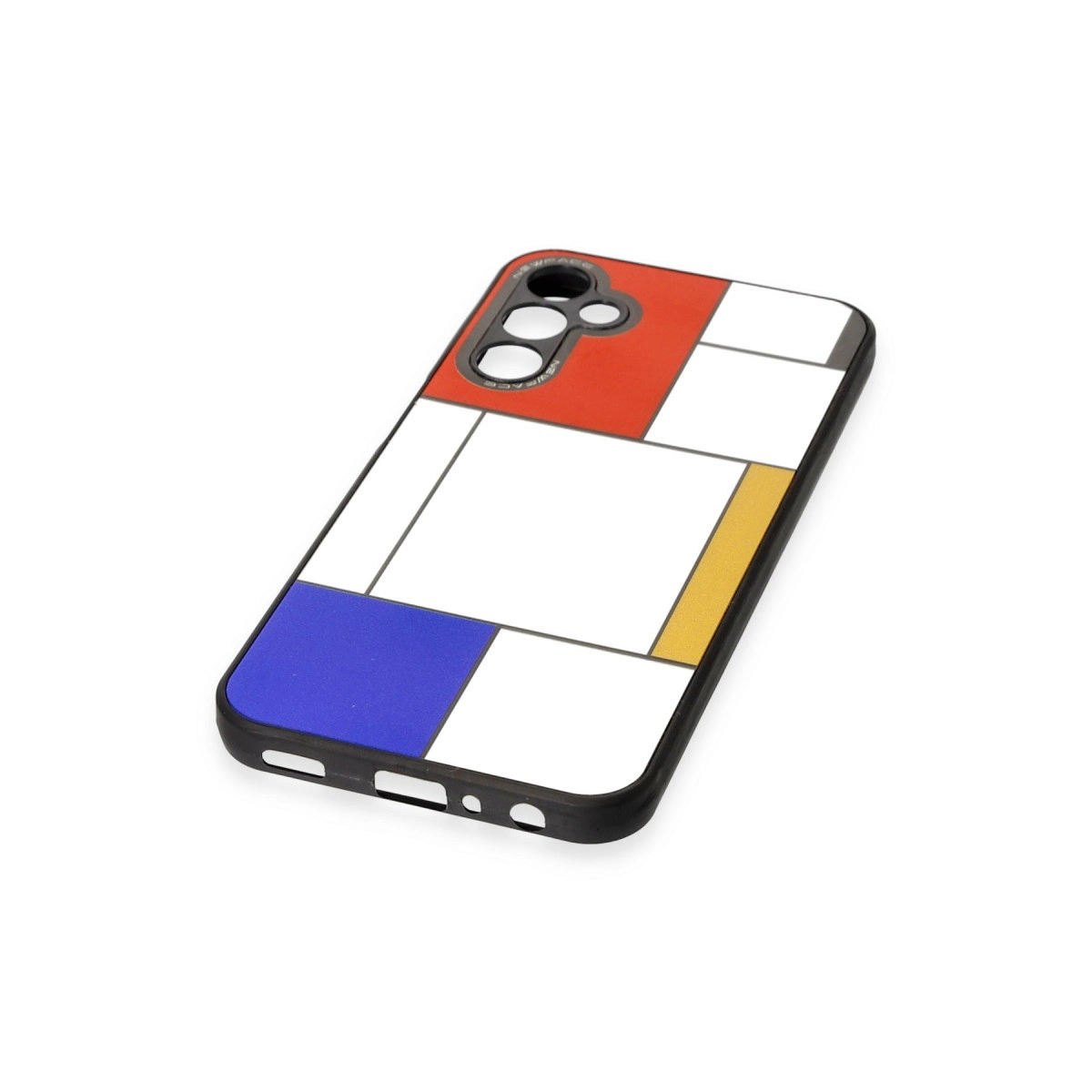 Kırmızı, mavi, sarı ve beyaz Mondrian tarzı desenli telefon kılıfı.