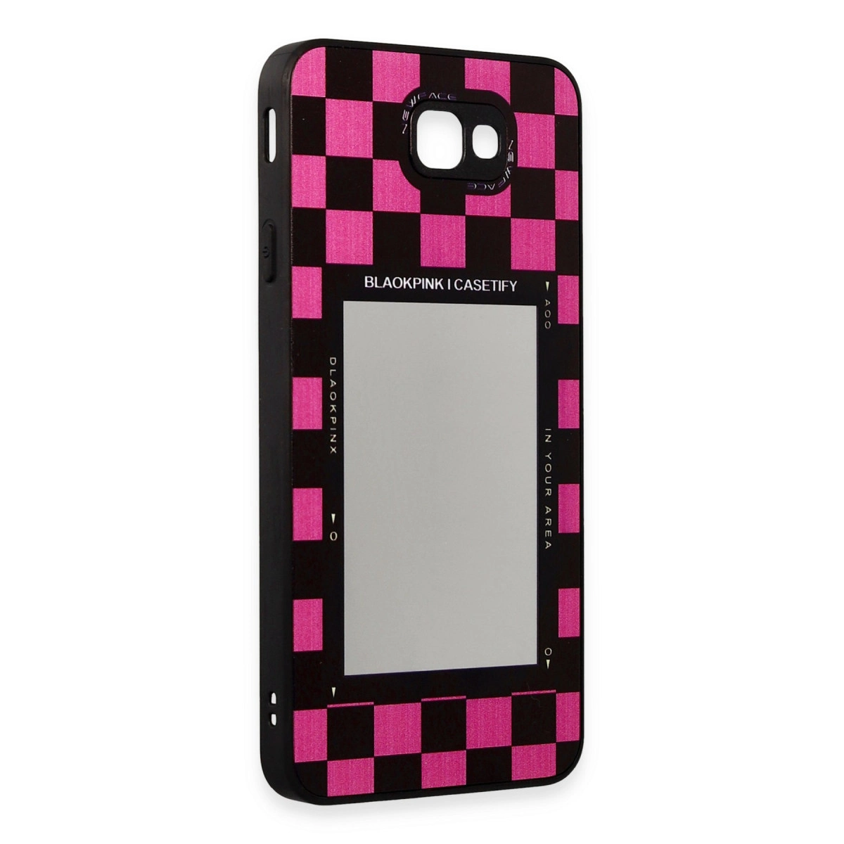 Pembe ve siyah damalı desenli, aynalı siyah telefon kılıfı.