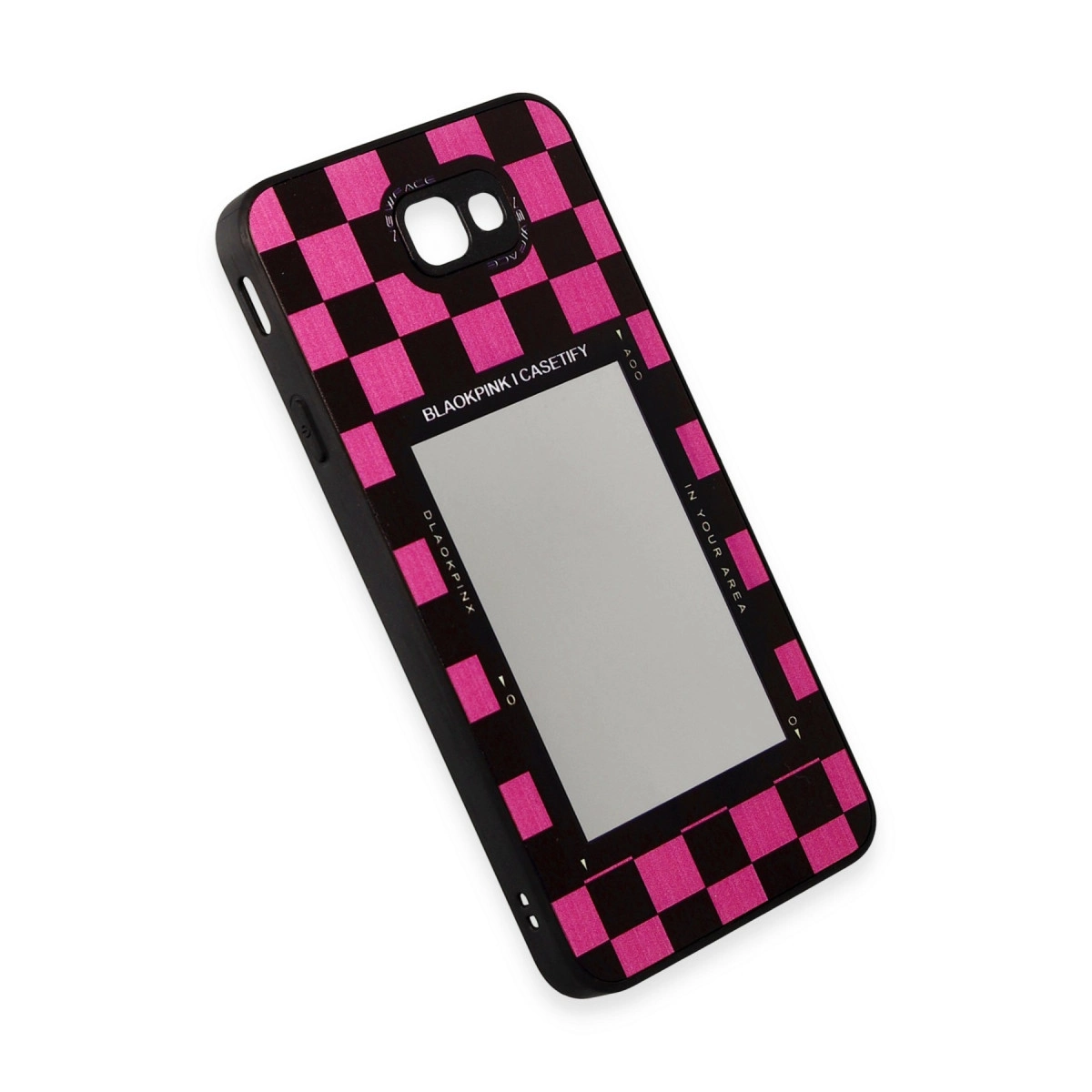 Pembe damalı ve ayna ekranlı siyah telefon kılıfı.