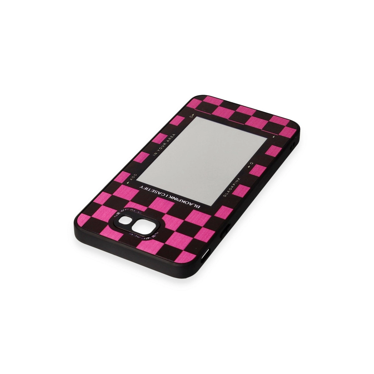 Pembe damalı deseni ve aynası olan siyah telefon kılıfı.