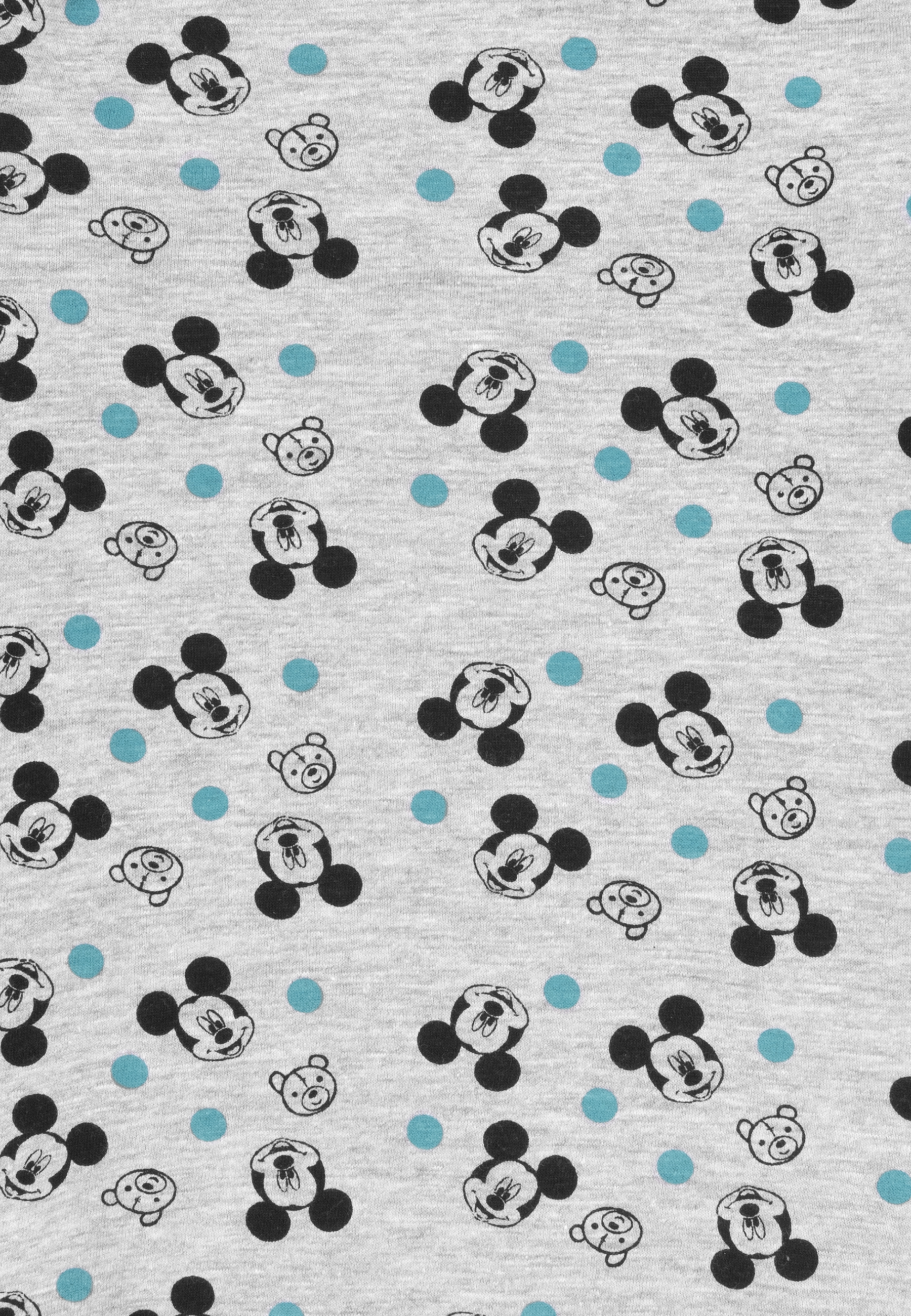 Grauer Stoff mit Mickey-Maus- und Bärenköpfen, blaue Punkte.