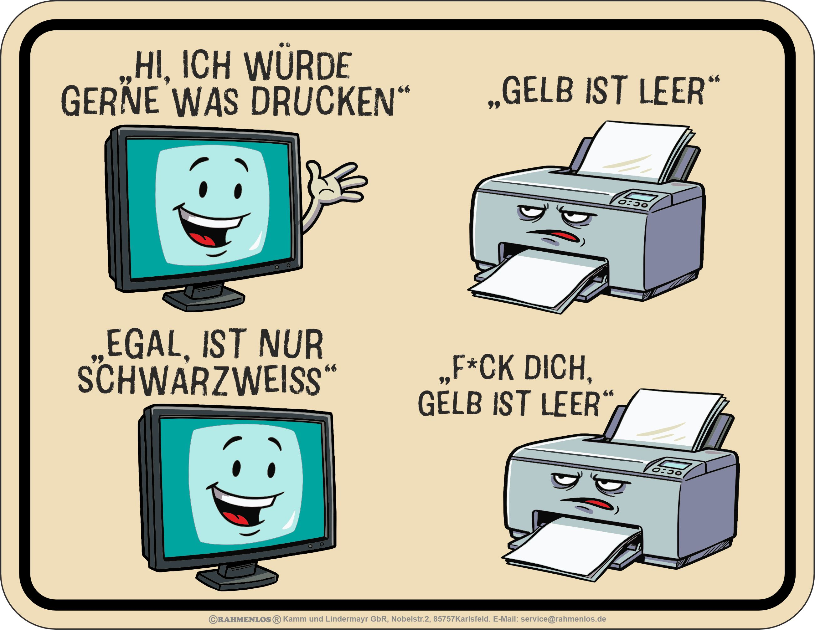 Ein Monitor fragt einen Drucker, ob er drucken soll. Der Drucker antwortet, dass Gelb leer ist.