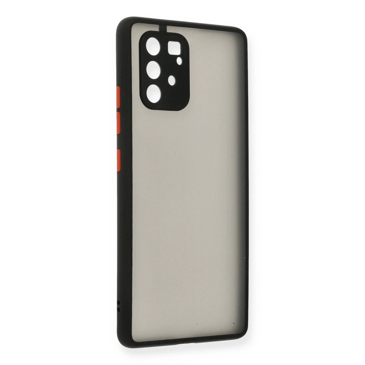 Siyah telefon kılıfı, buzlu cam efekti ve turuncu düğmeler.