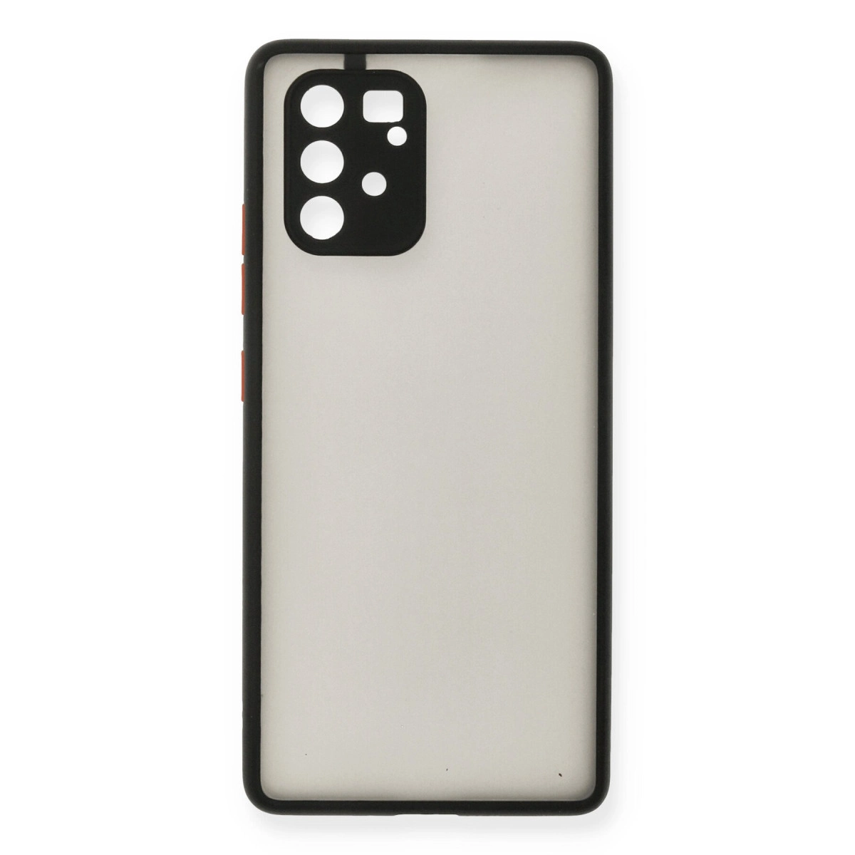 Şeffaf arka ve kamera kesimine sahip siyah telefon kılıfı.