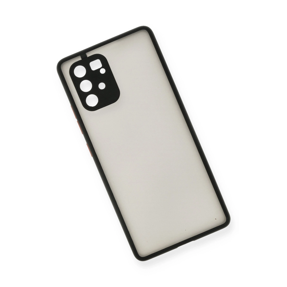 Siyah çerçeveli ve kamera kesimli şeffaf telefon kılıfı, beyaz zeminde.