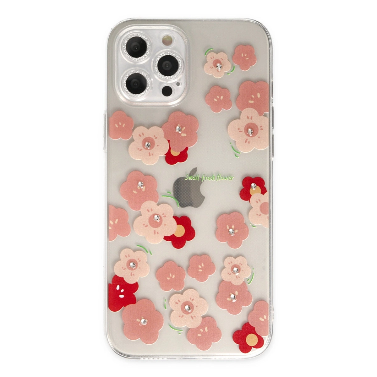 Pembe ve kırmızı çiçek desenleriyle süslenmiş şeffaf telefon kılıfı.