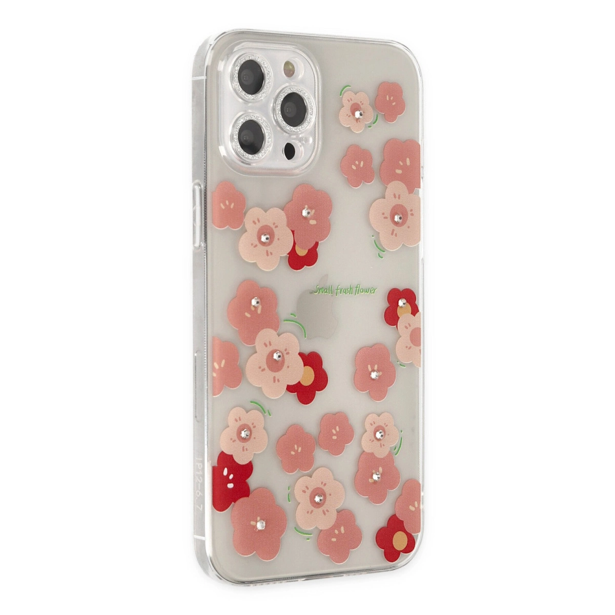 Pembe ve kırmızı çiçekler ve taşlarla süslü şeffaf telefon kılıfı.