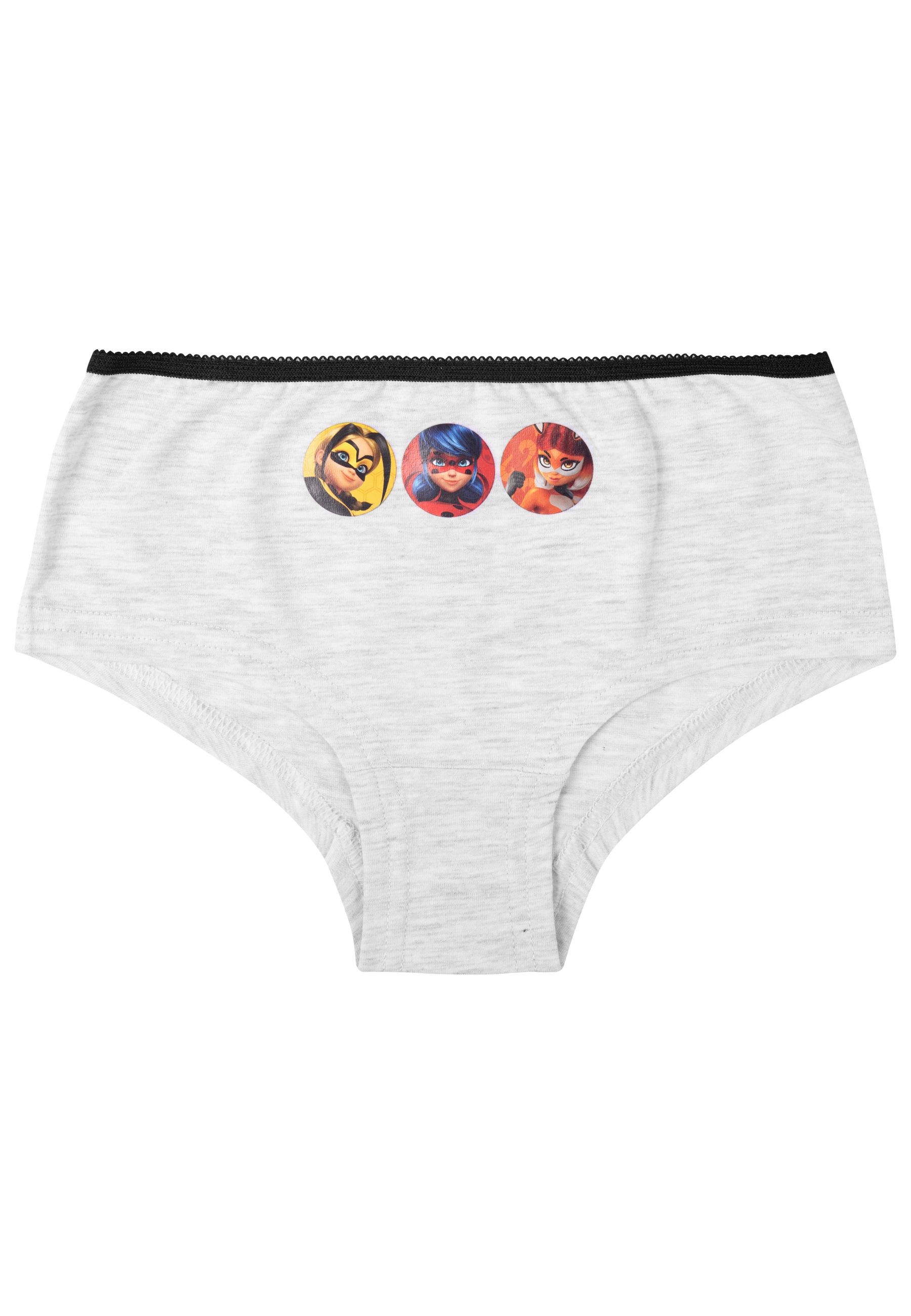 Graue Unterhose mit drei runden Aufdrucken von Charakteren.