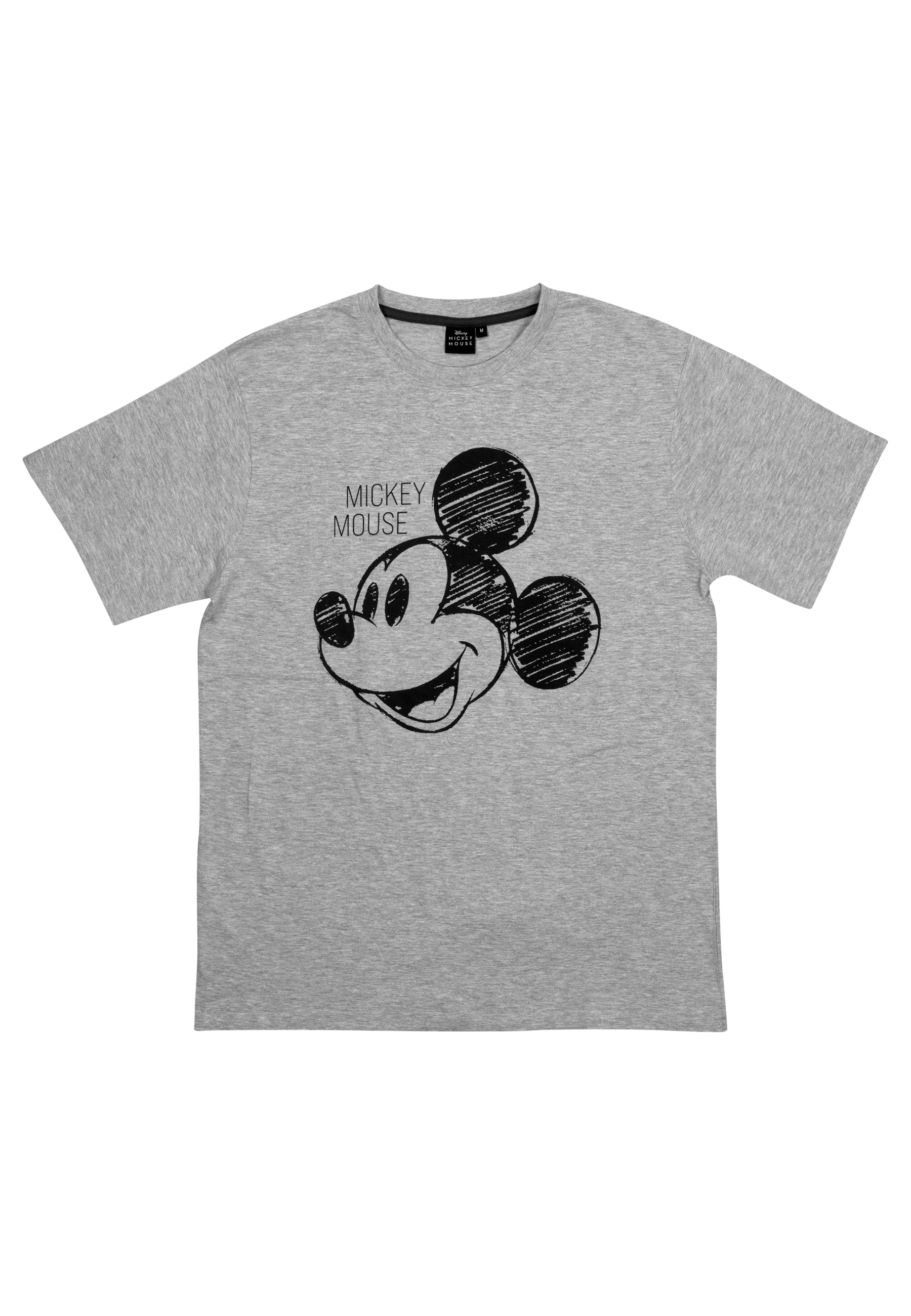 Graues T-Shirt mit Mickey-Maus-Aufdruck und Text.