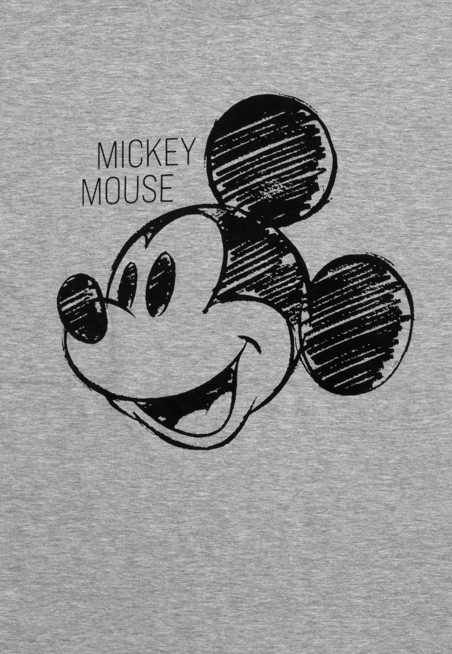 Graues T-Shirt mit Mickey-Maus-Zeichnung und Schriftzug.