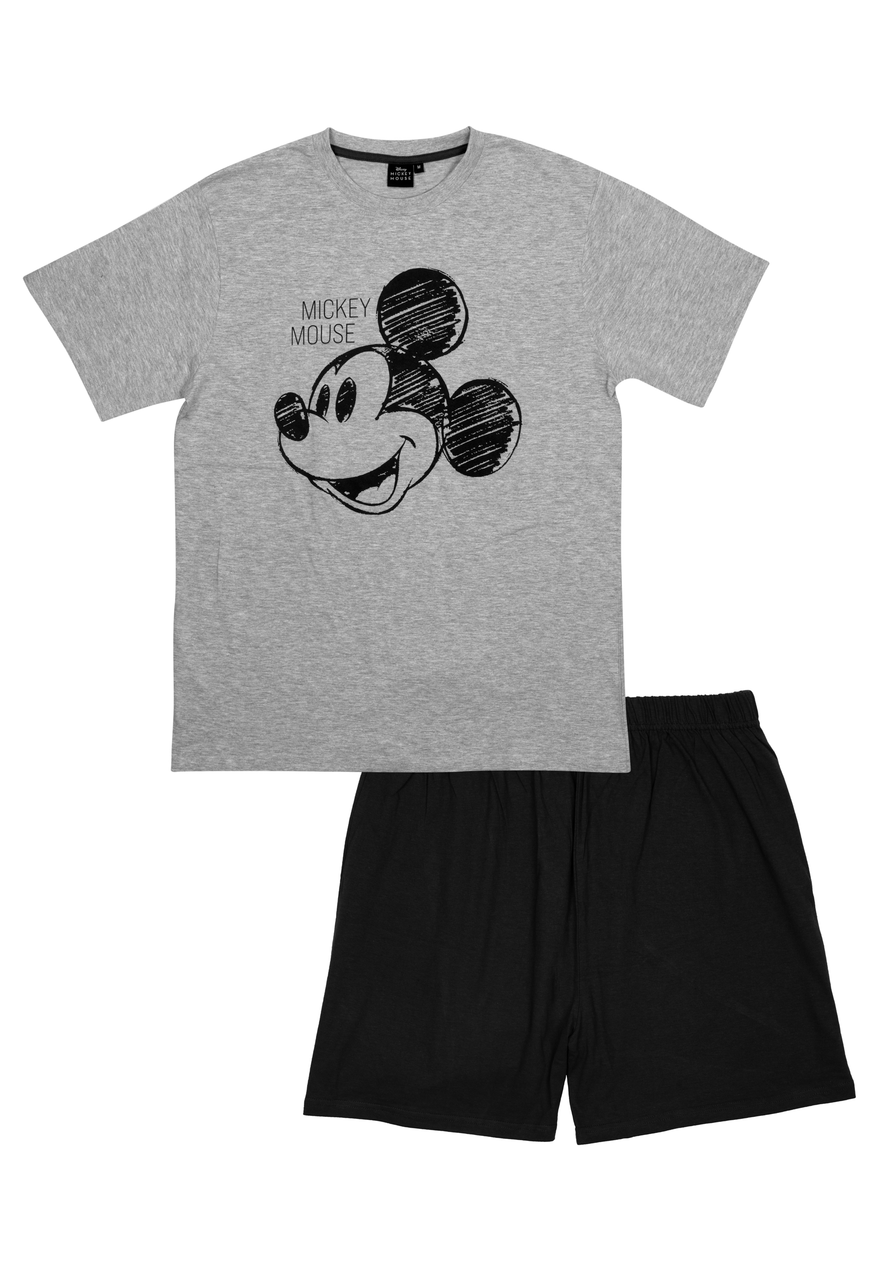 Graues T-Shirt mit Mickey-Maus-Aufdruck und schwarzer Hose.