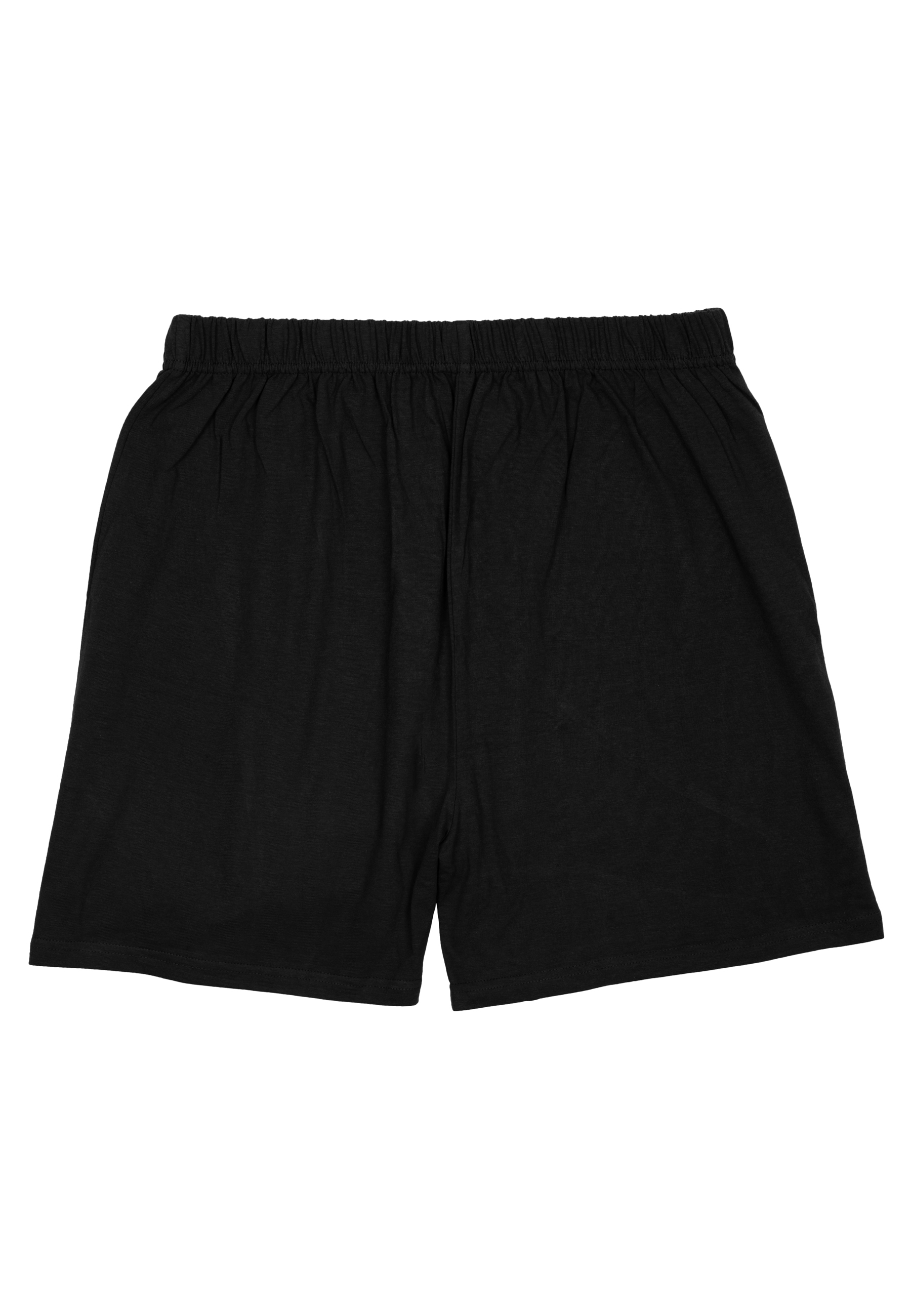 Schwarze Shorts mit elastischem Bund, auf weißem Hintergrund.