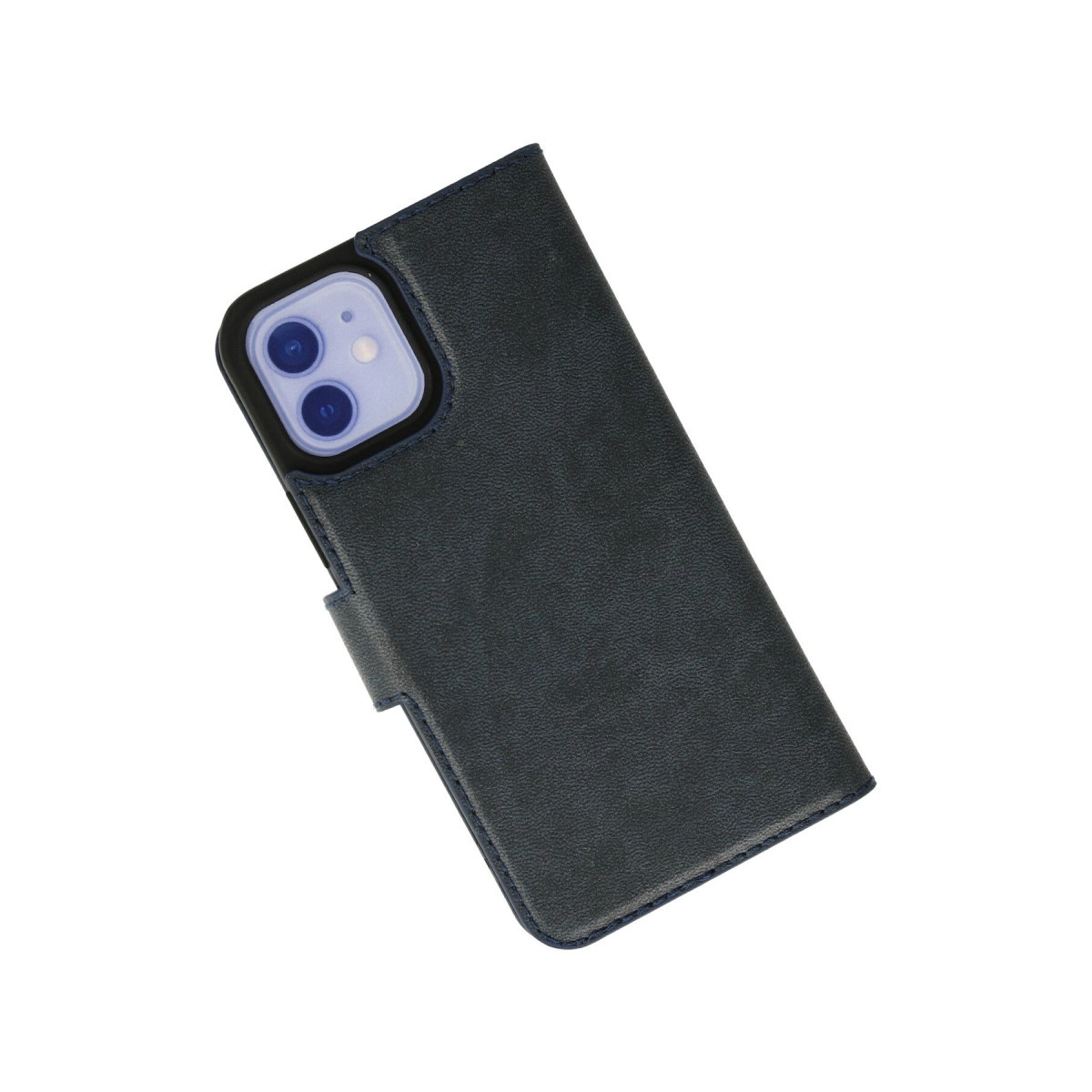 Kamera kesimli lacivert deri telefon kılıfı.