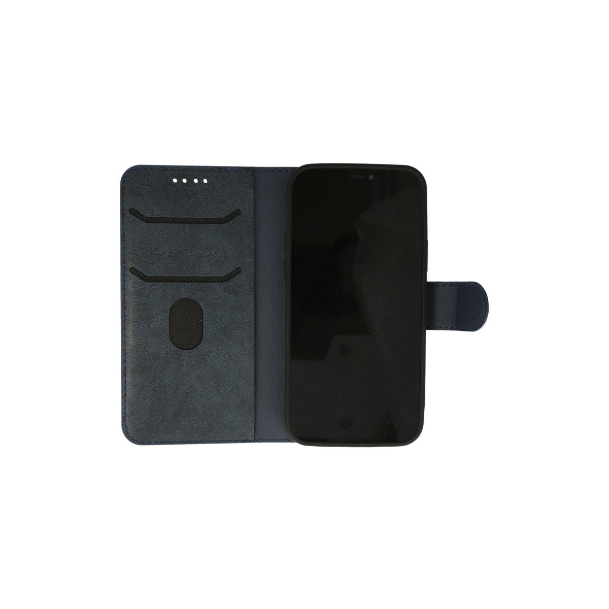 Kart yuvalı ve kapalı kapaklı lacivert telefon kılıfı.