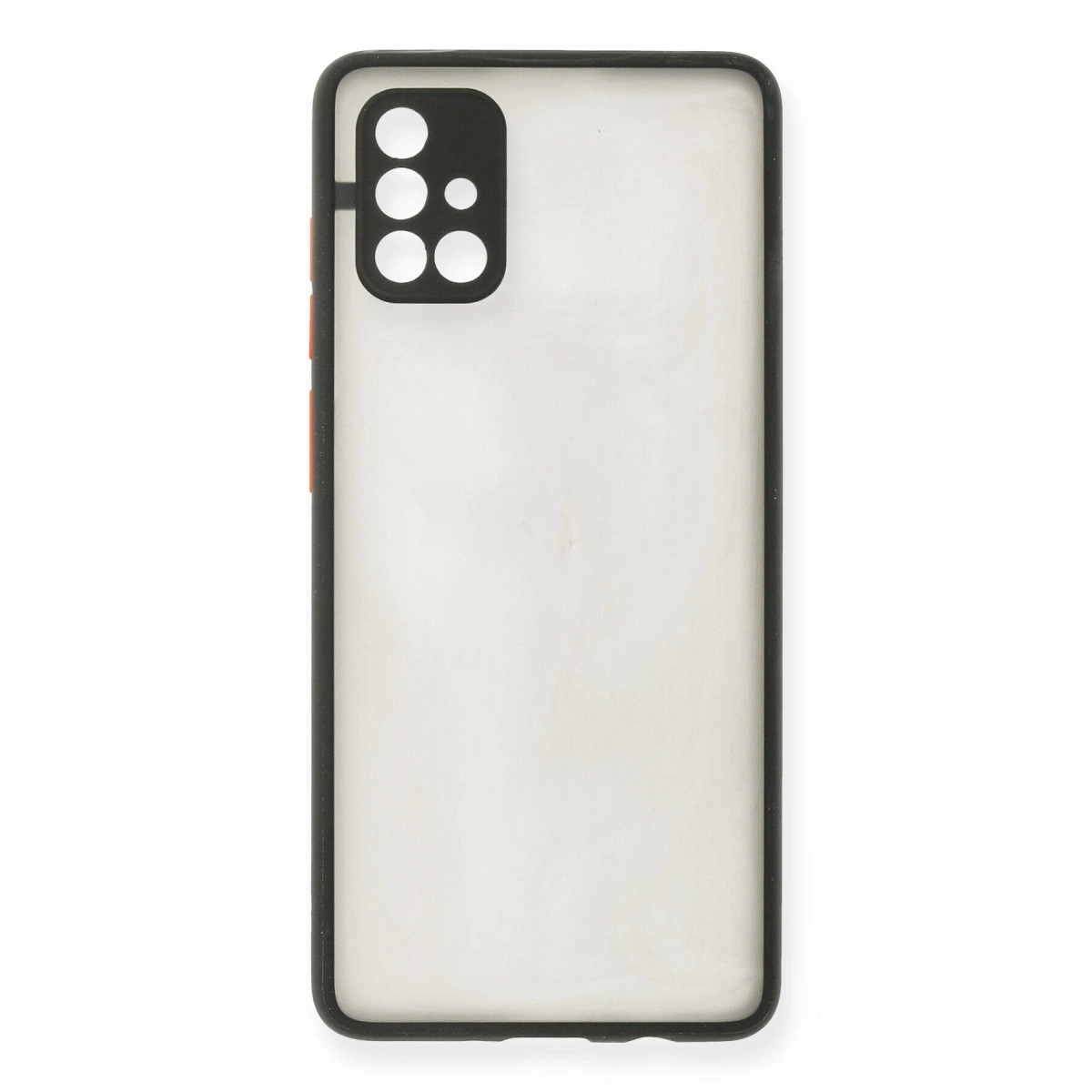 Siyah çerçeveli ve kamera kesimli şeffaf telefon kılıfı.