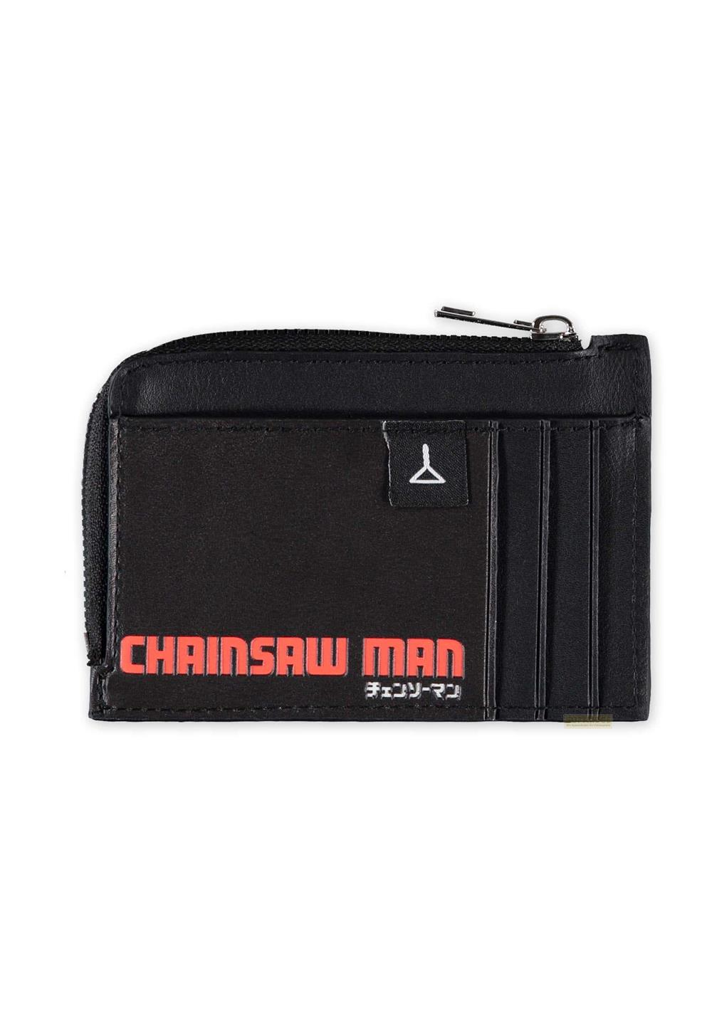 Schwarzes Portemonnaie mit "Chainsaw Man"-Logo und Kartenfächern.