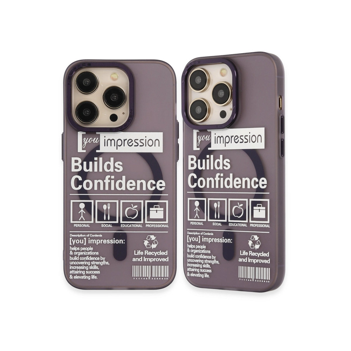 Üzerinde "you impression Builds Confidence" yazısı ve simgeleri olan iki telefon kılıfı.