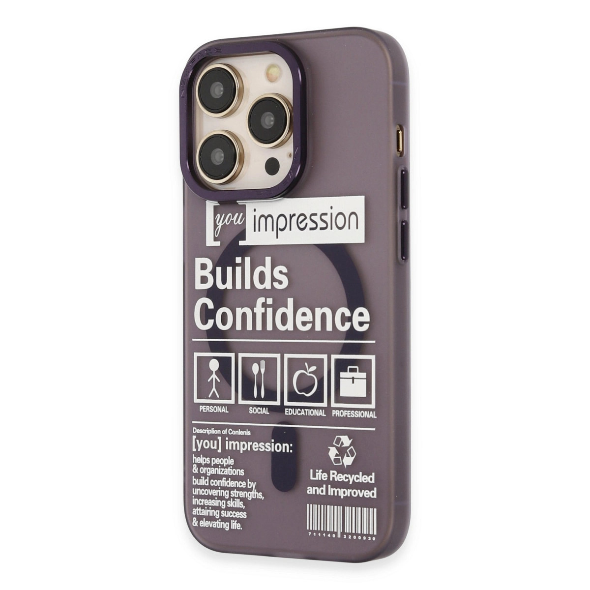 'You Impression Builds Confidence' yazılı mor telefon kılıfı.