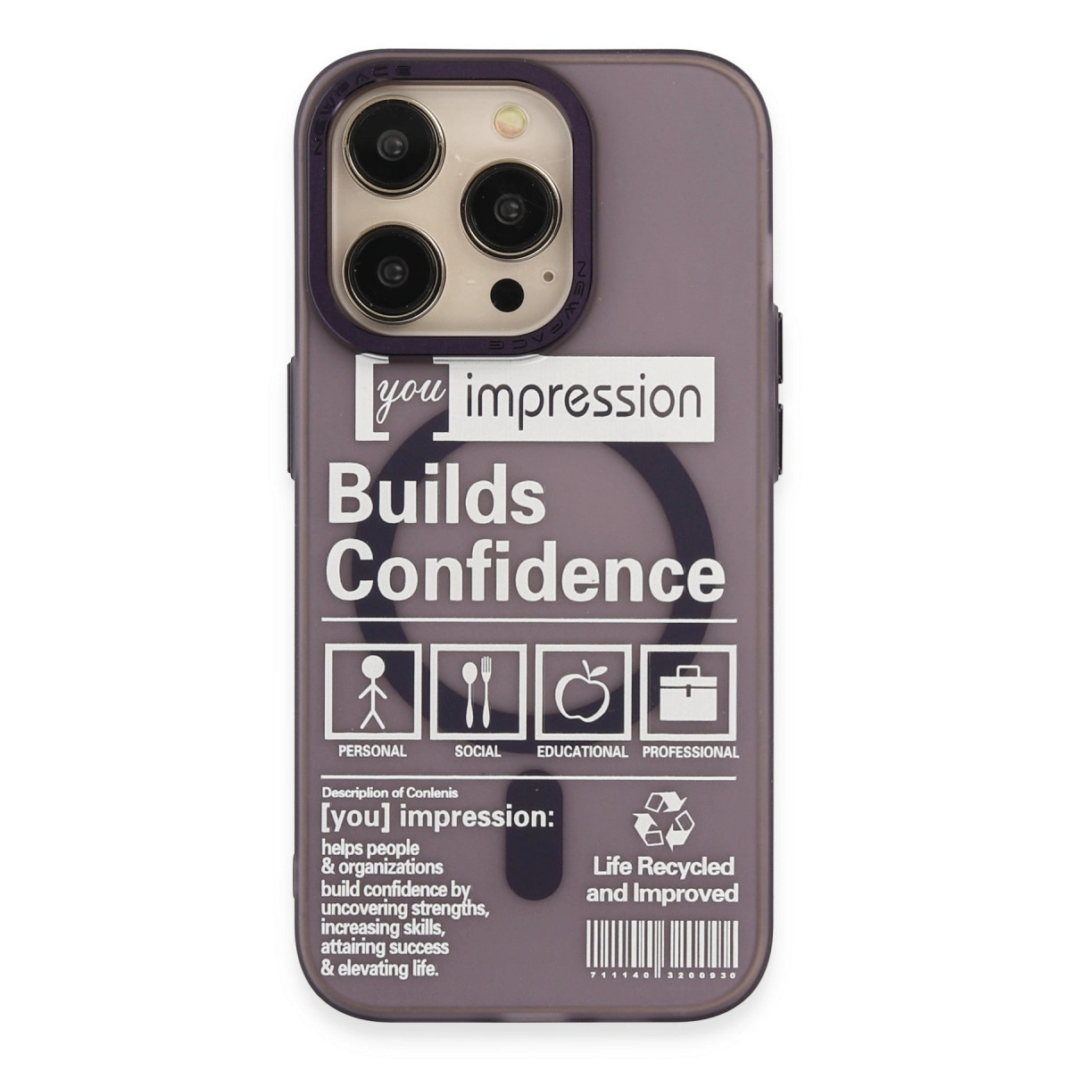 Mor iPhone kılıfı, üzerinde 'you impression Builds Confidence' yazısı ve ikonlar.