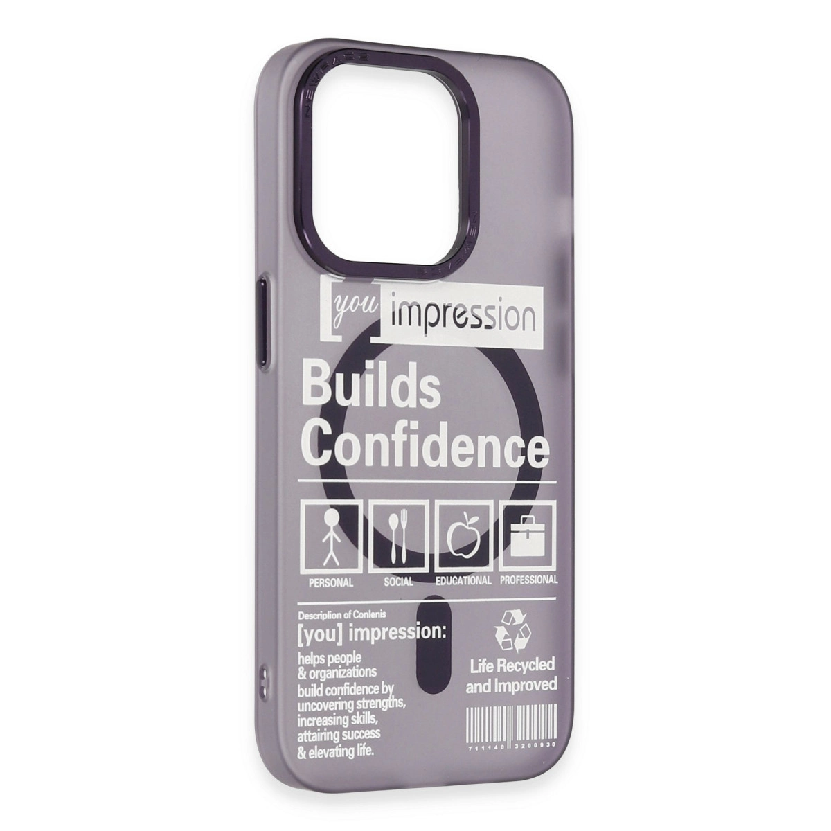 Gri telefon kılıfı, üzerinde "You Impression Builds Confidence" yazısı var.
