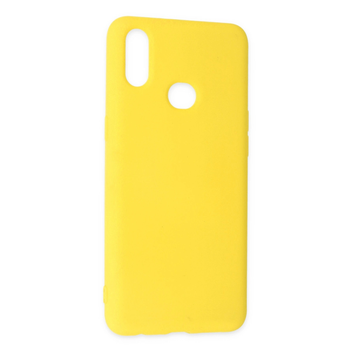 Kamera ve flaş için kesikleri olan sarı telefon kılıfı.