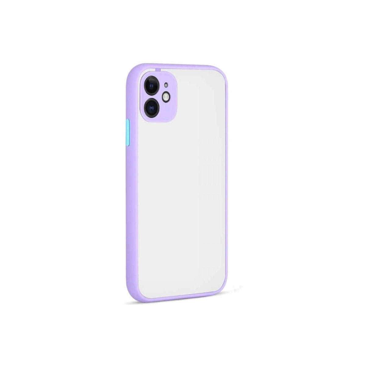 Şeffaf arka ve çift kameralı mor telefon kılıfı.