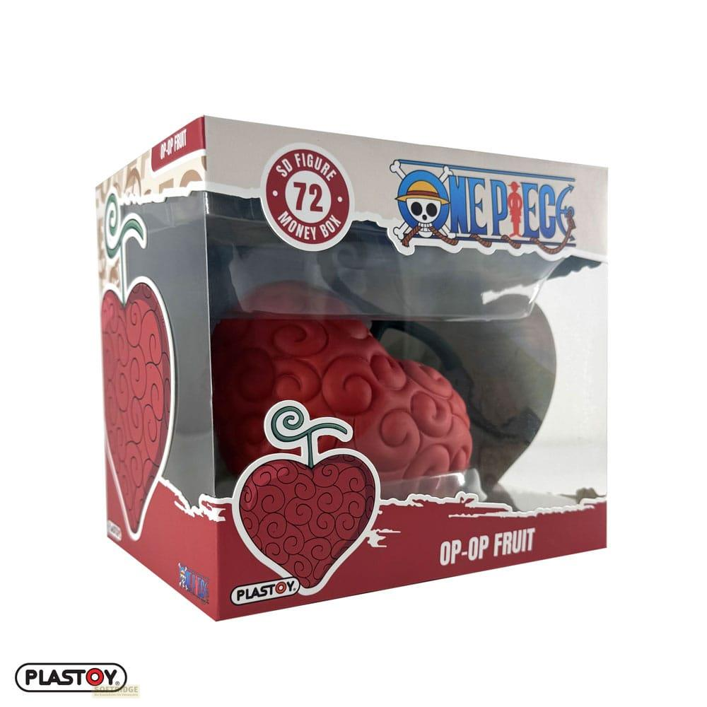 Verpackung einer roten Teufelsfrucht-Geldkassette mit "One Piece" Logo.