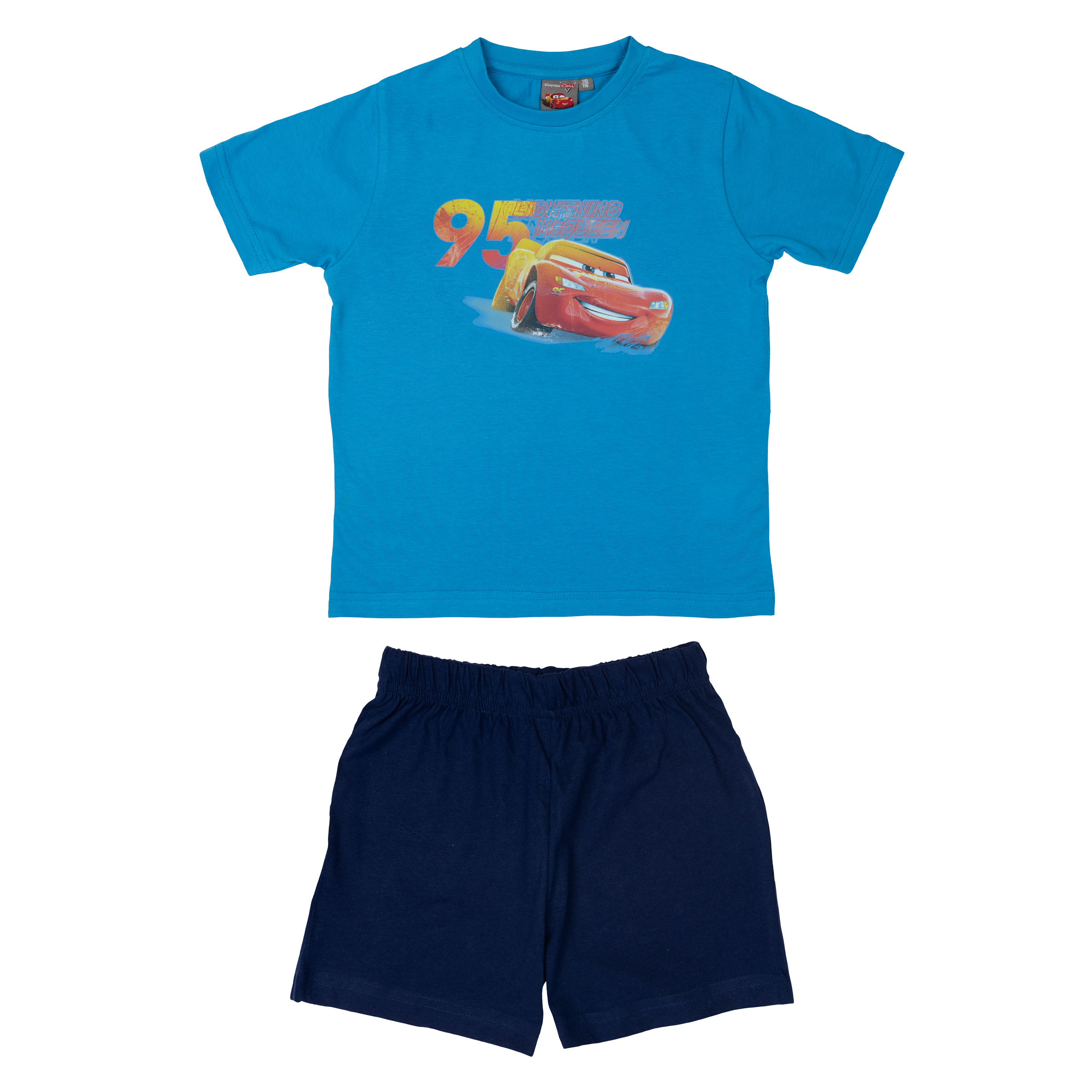Ein blaues T-Shirt mit Lightning McQueen und eine marineblaue Hose.