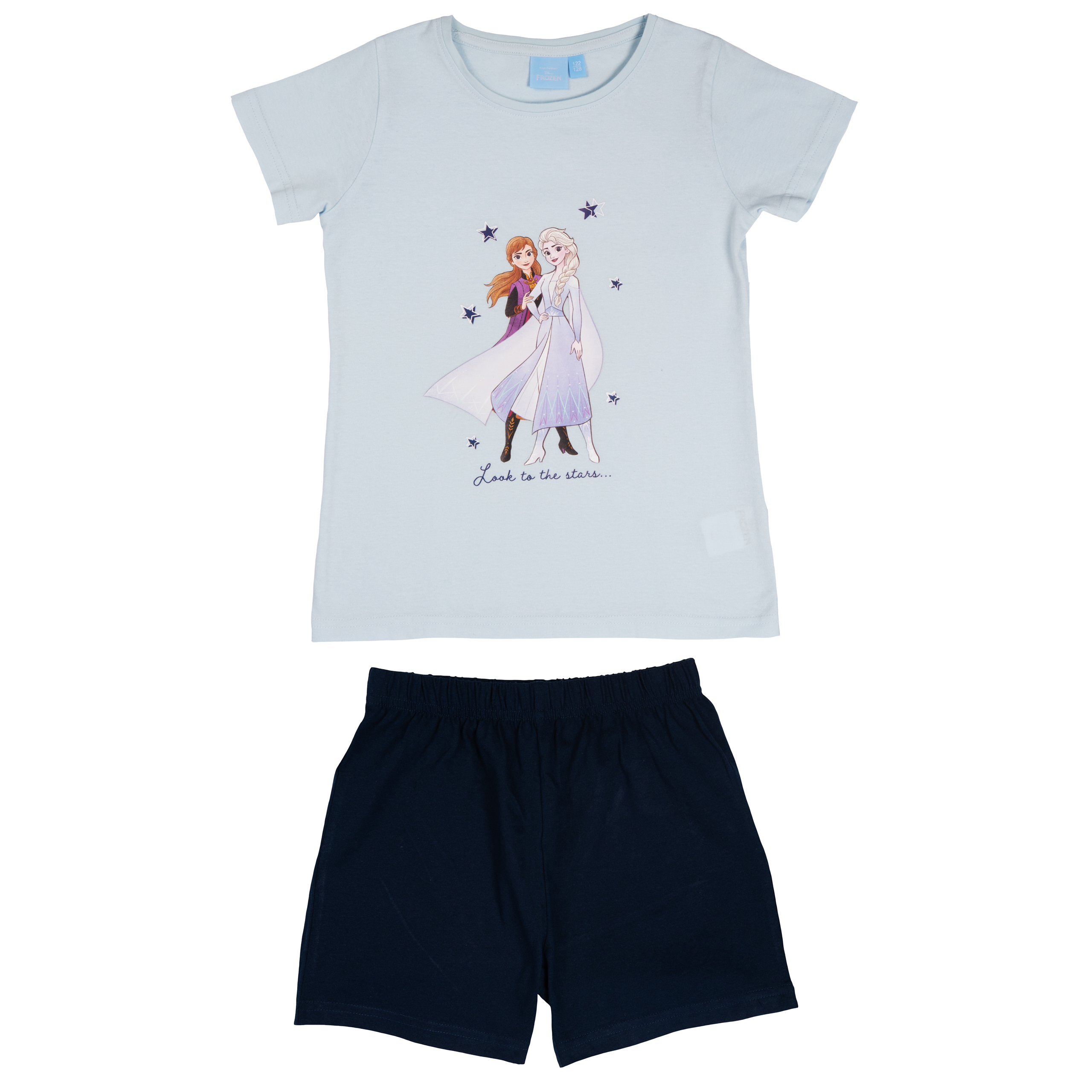 Ein hellblaues T-Shirt mit Elsa und Anna und eine dunkelblaue Hose.