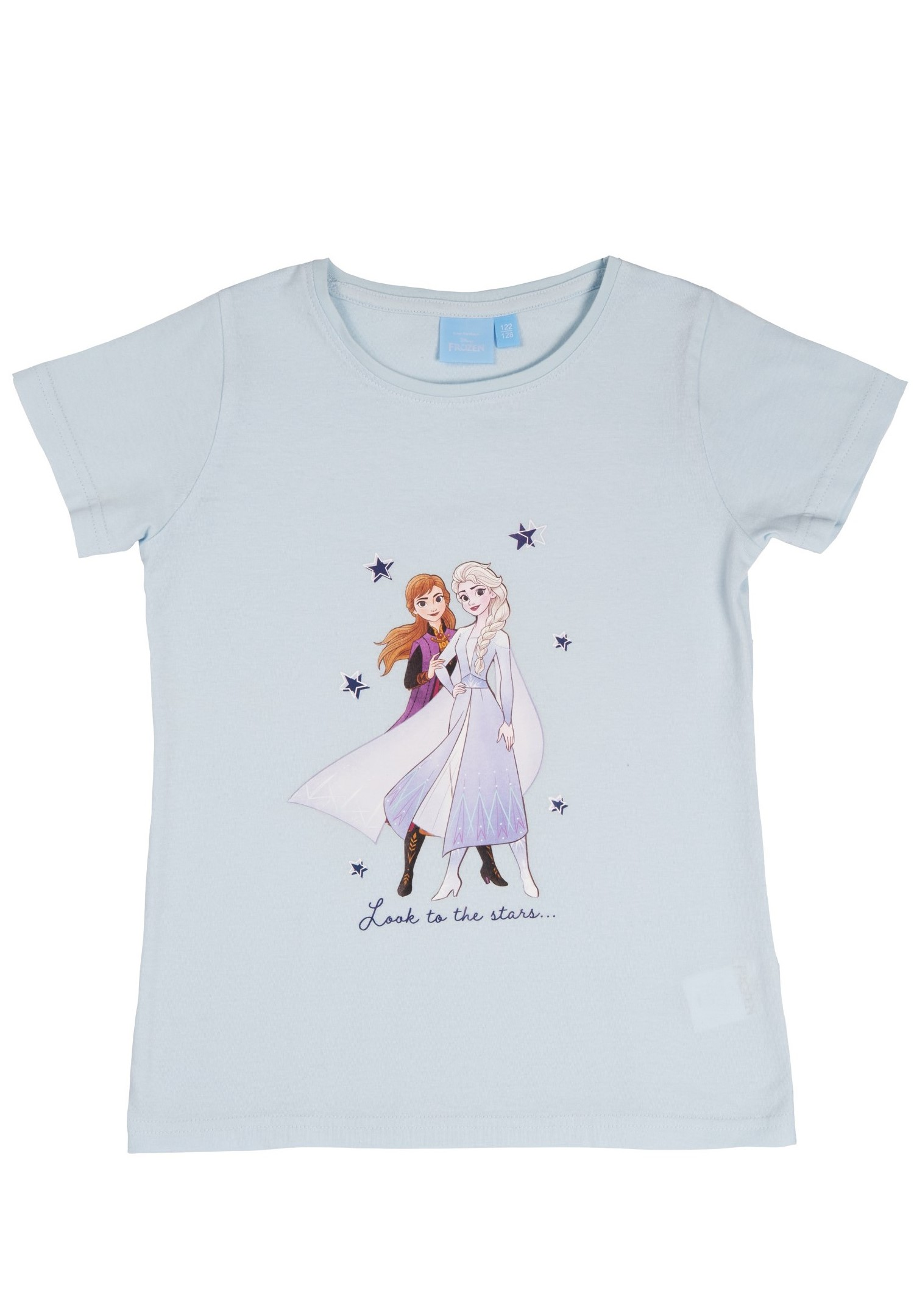 Hellblaues T-Shirt mit Anna und Elsa, die Sterne und Text anzeigen.