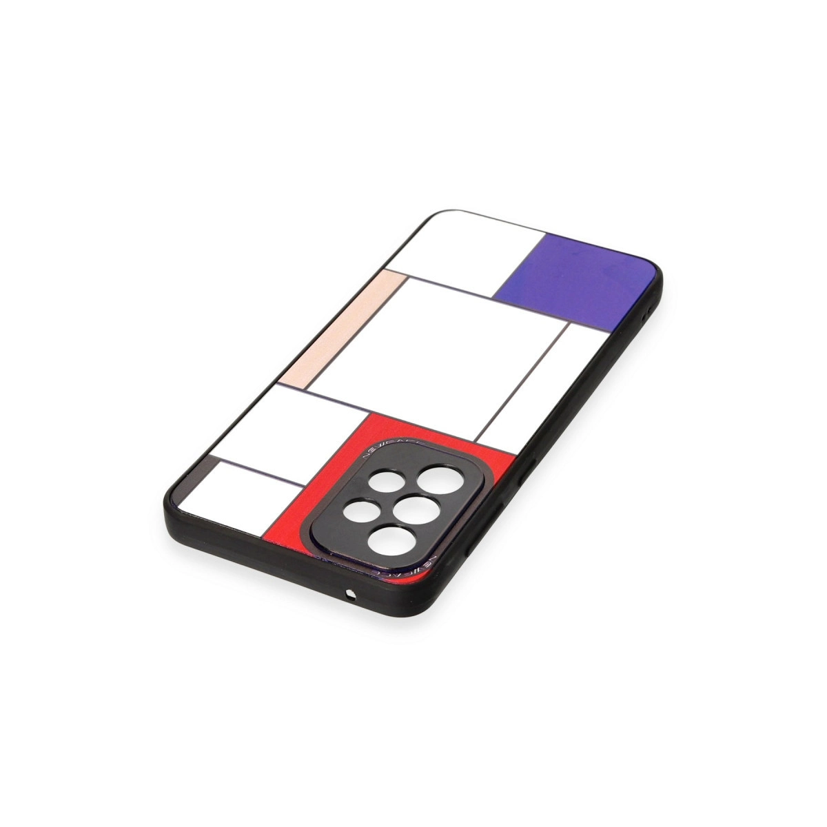 Siyah arka plan üzerine kırmızı, mavi ve beyaz geometrik desenli telefon kılıfı.