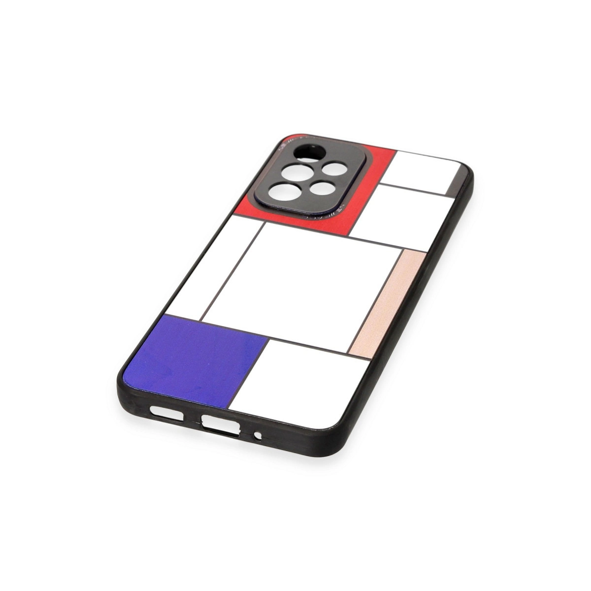 Siyah çerçeveli Mondrian tarzı tasarıma sahip telefon kılıfı.
