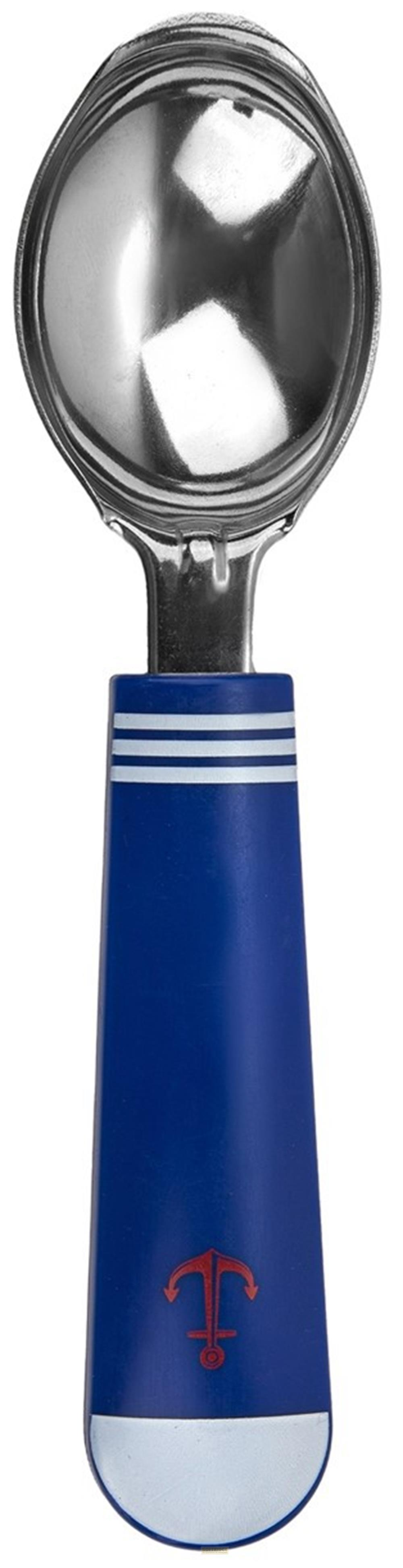 Ein silberner Eisportionierer mit blauem Griff und Anker-Symbol.