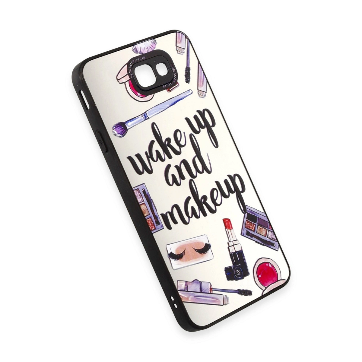 Telefon kılıfı üzerinde "Wake up and makeup" yazısı ve makyaj malzemesi çizimleri.