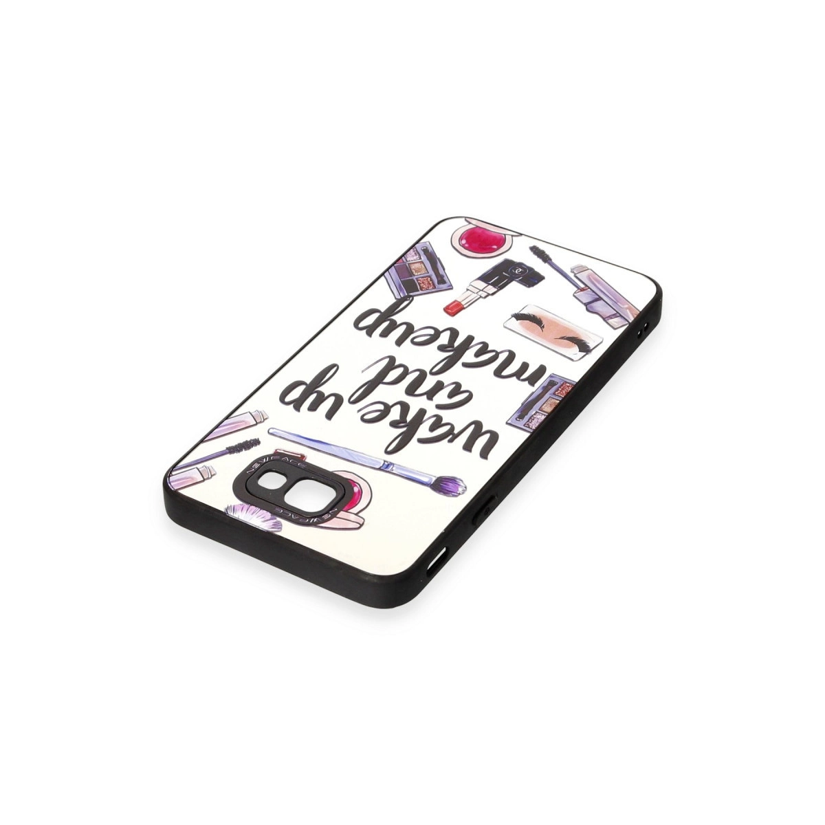 Makyaj çizimleri ve 'Wake up and makeup' yazılı telefon kılıfı.