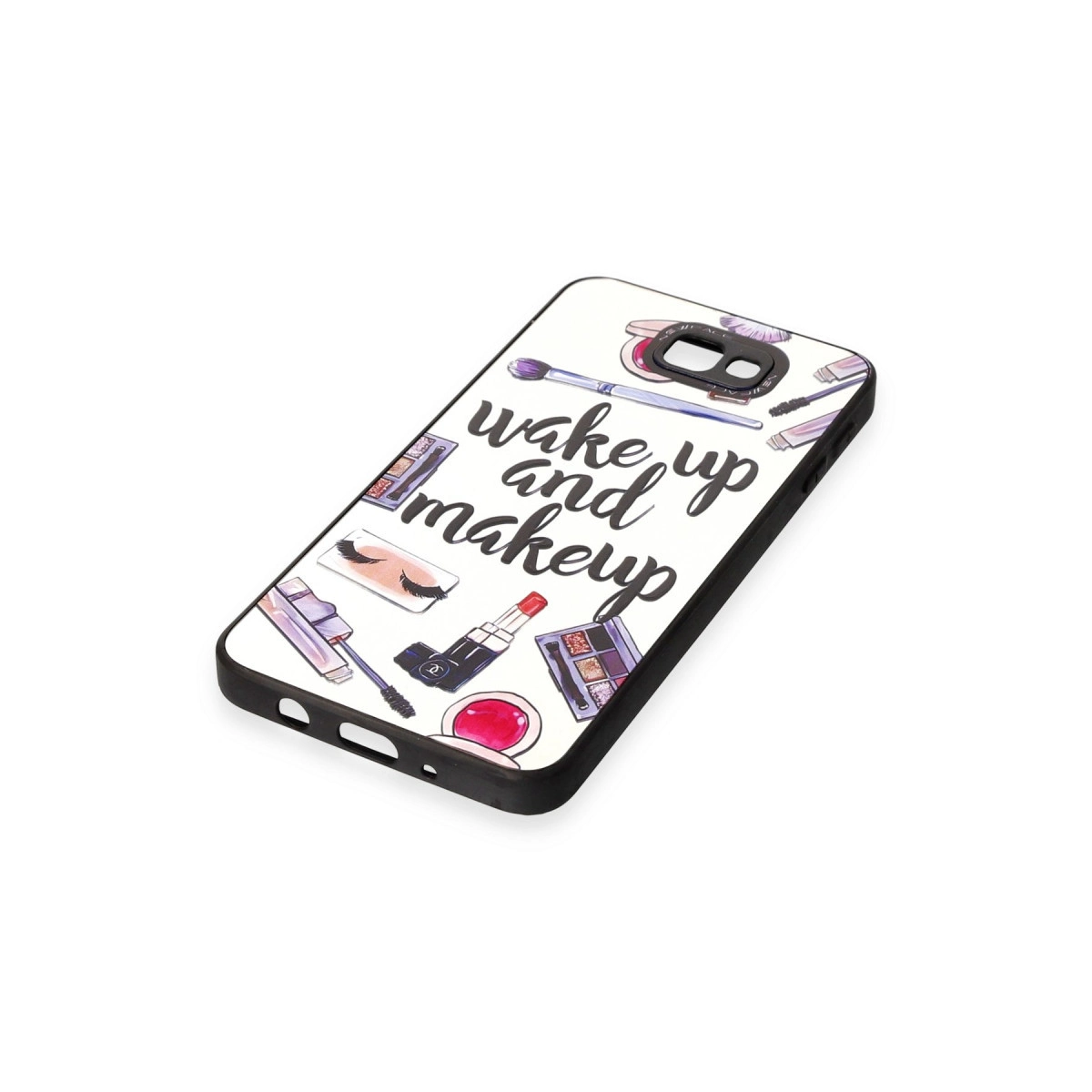 "Wake up and makeup" yazılı ve kozmetik motifli telefon kılıfı.