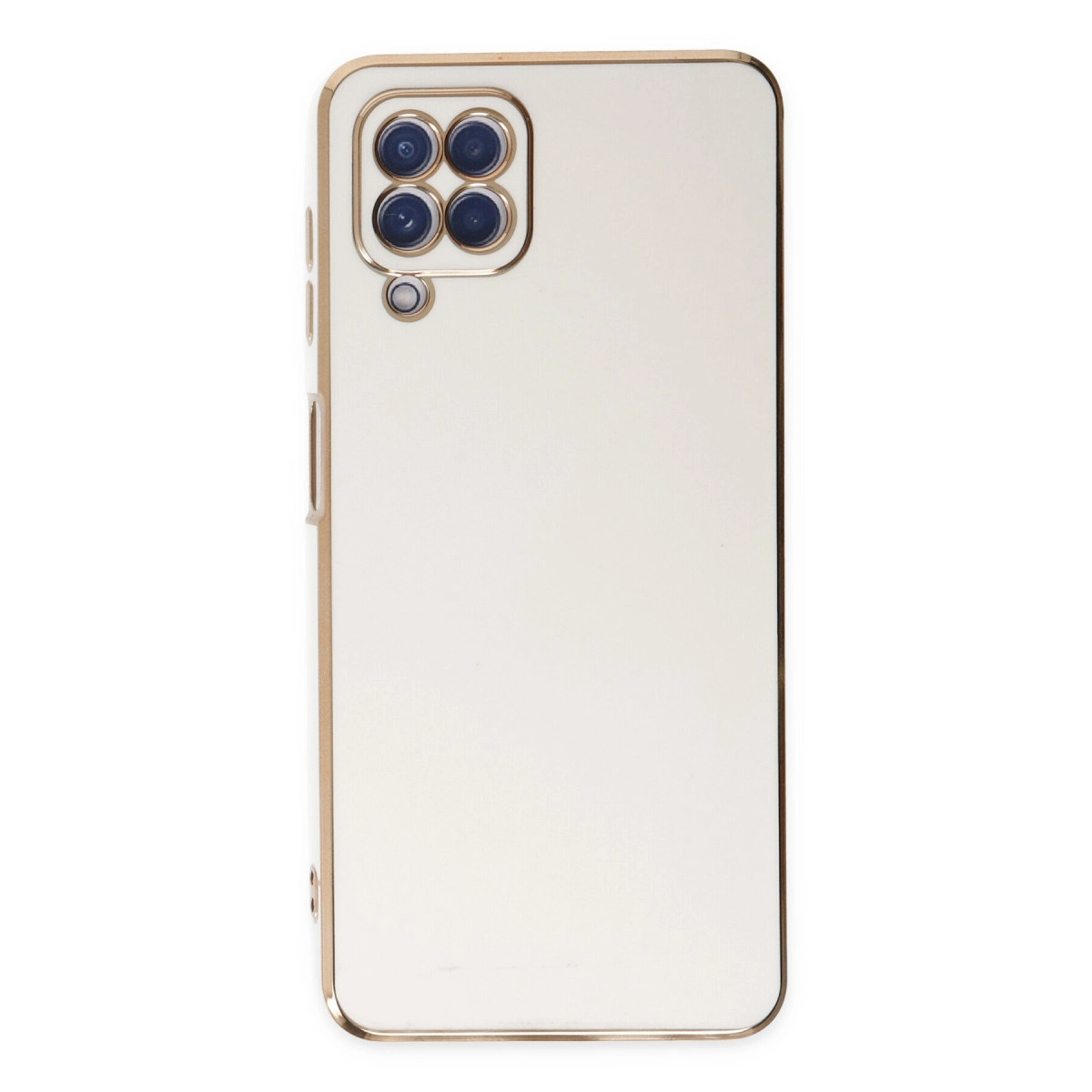 Dört kameralı ve altın çerçeveli beyaz telefon kılıfı.