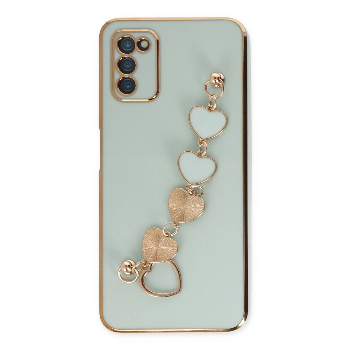 Altın süslemeli, kalp charm zincirli açık yeşil telefon kılıfı.