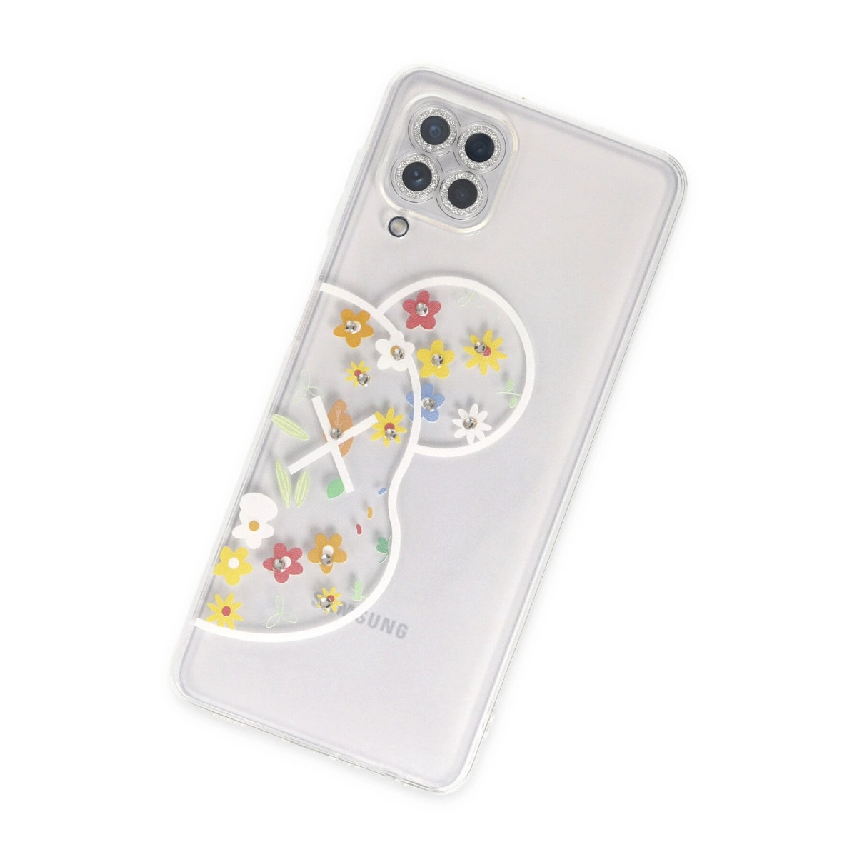 Renkli çiçekler ve simli vurgular içeren şeffaf telefon kılıfı.