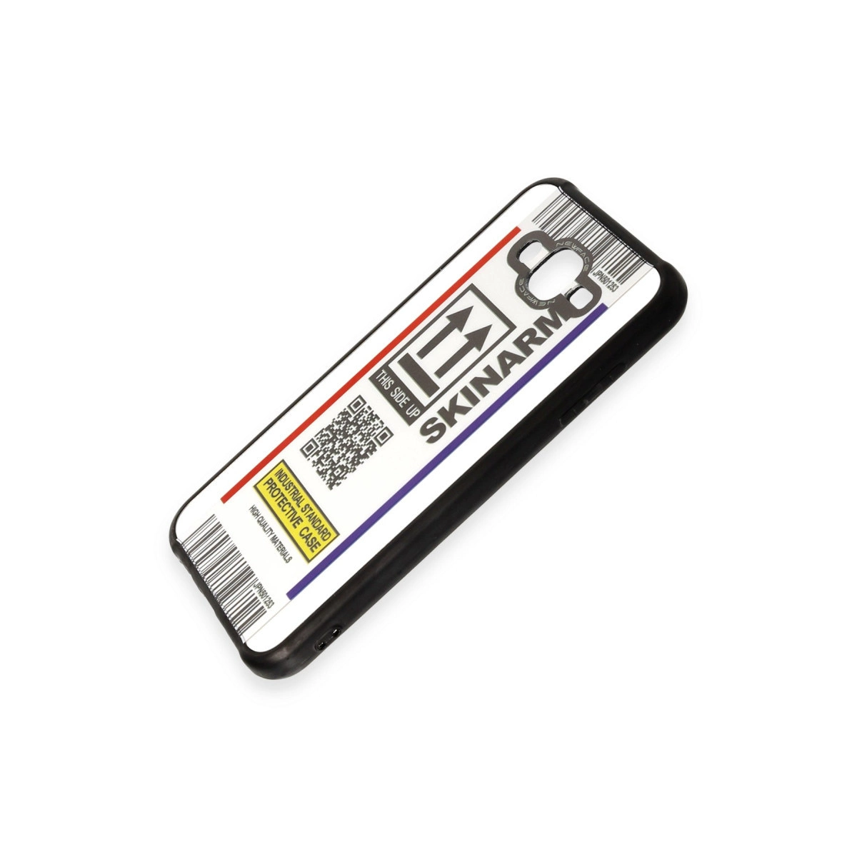 Etiket tasarımlı, QR kodlu ve barkodlu siyah telefon kılıfı.