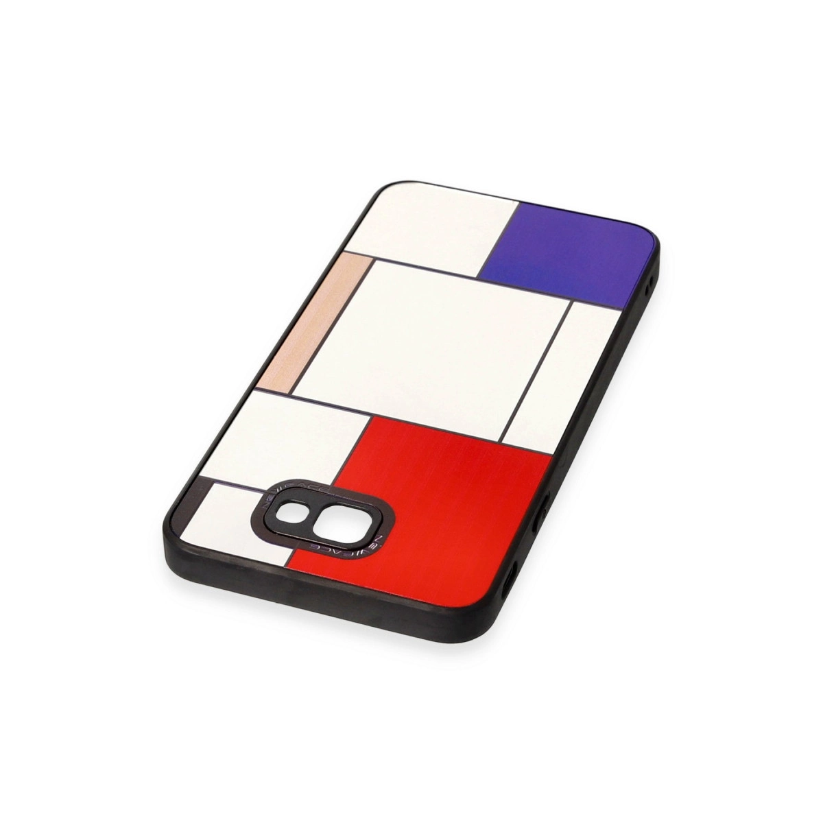 Kırmızı, mavi ve bej dikdörtgenler ve karelerden oluşan Mondrian esintili desenli akıllı telefon kılıfı.
