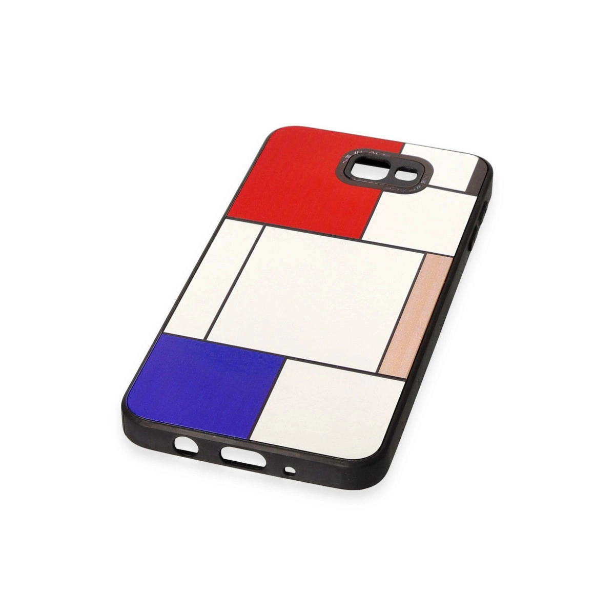 Kırmızı, mavi ve beyaz Mondrian desenli siyah telefon kılıfı.