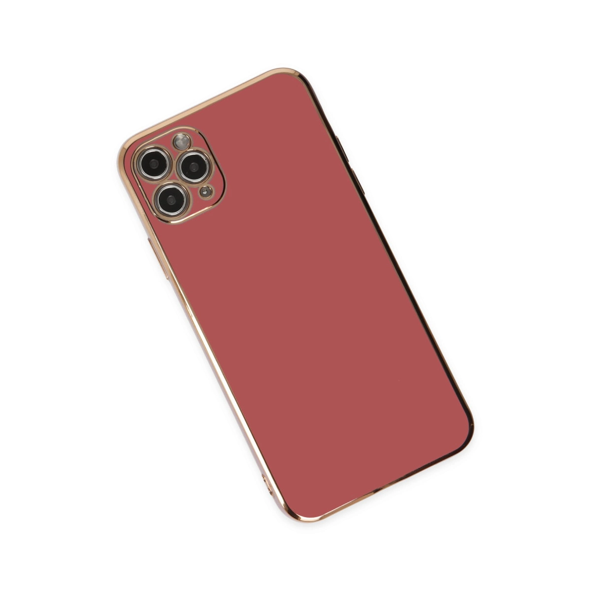 Beyaz zeminde üç kameralı, altın çerçeveli kırmızı akıllı telefon.