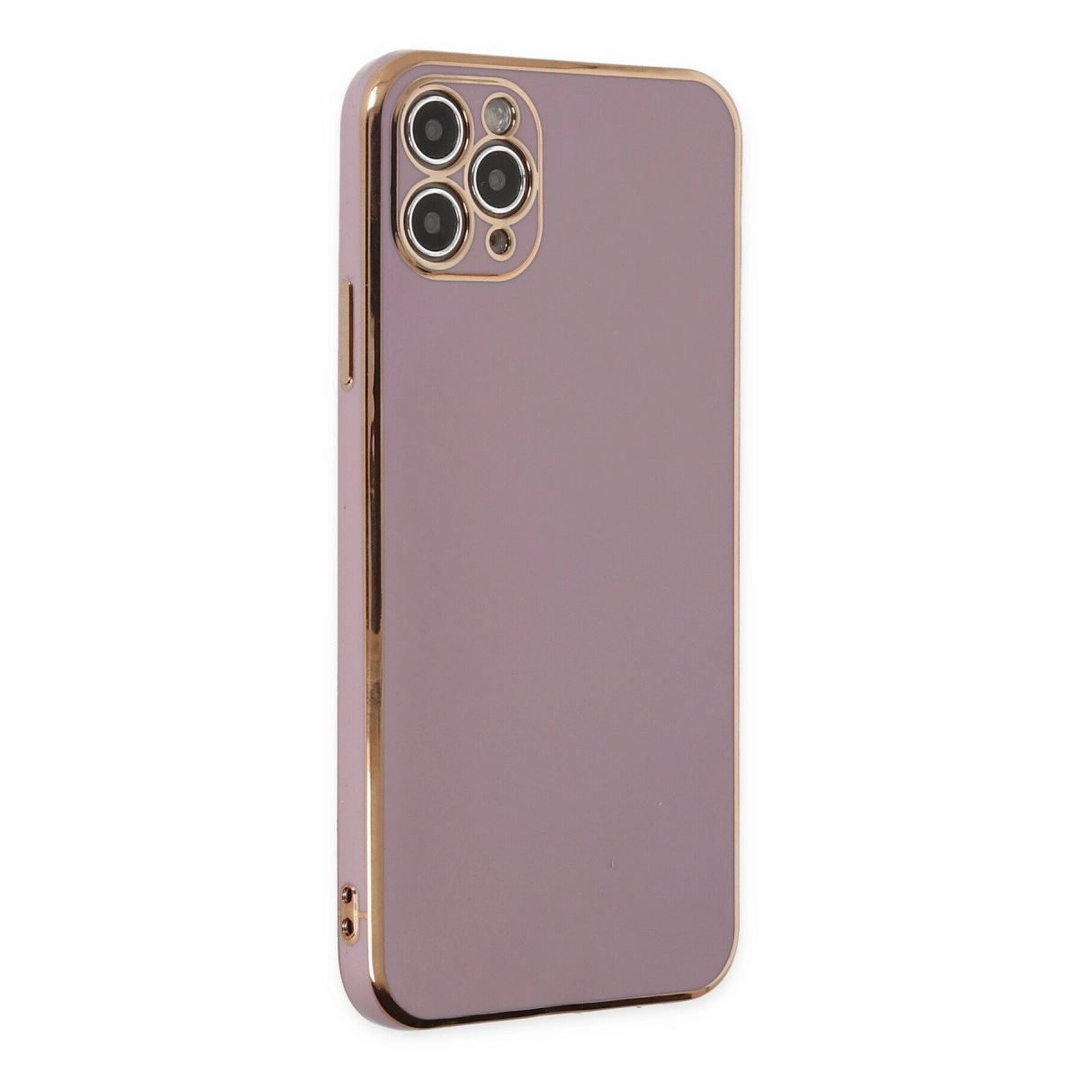 Altın çerçeveli ve üç kamera lensli pembe telefon kılıfı.