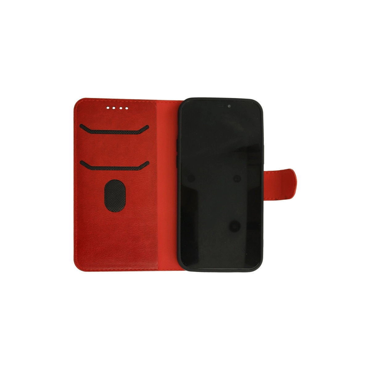 Kart yuvalı siyah akıllı telefonlu kırmızı kapaklı kılıf.