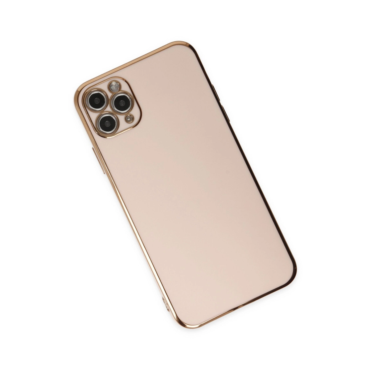 Beyaz arka plan üzerinde üç kameralı altın rengi akıllı telefon.